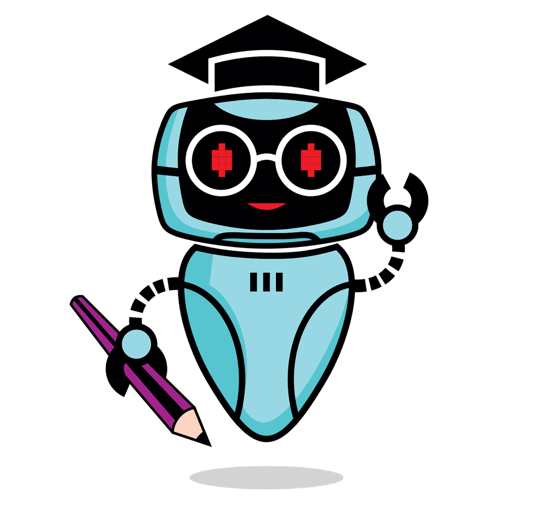 BookQuizzer logo. Robot with graduation cap and pencil