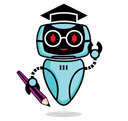 Bookquizzer logo. Robot with graduation cap and pencil